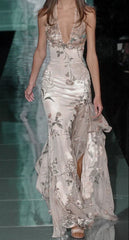 Vintage Floral Sheath Prom Dress Long Halter-neck Evening Dress Chiffon High Slit Formal Dress HZ1024