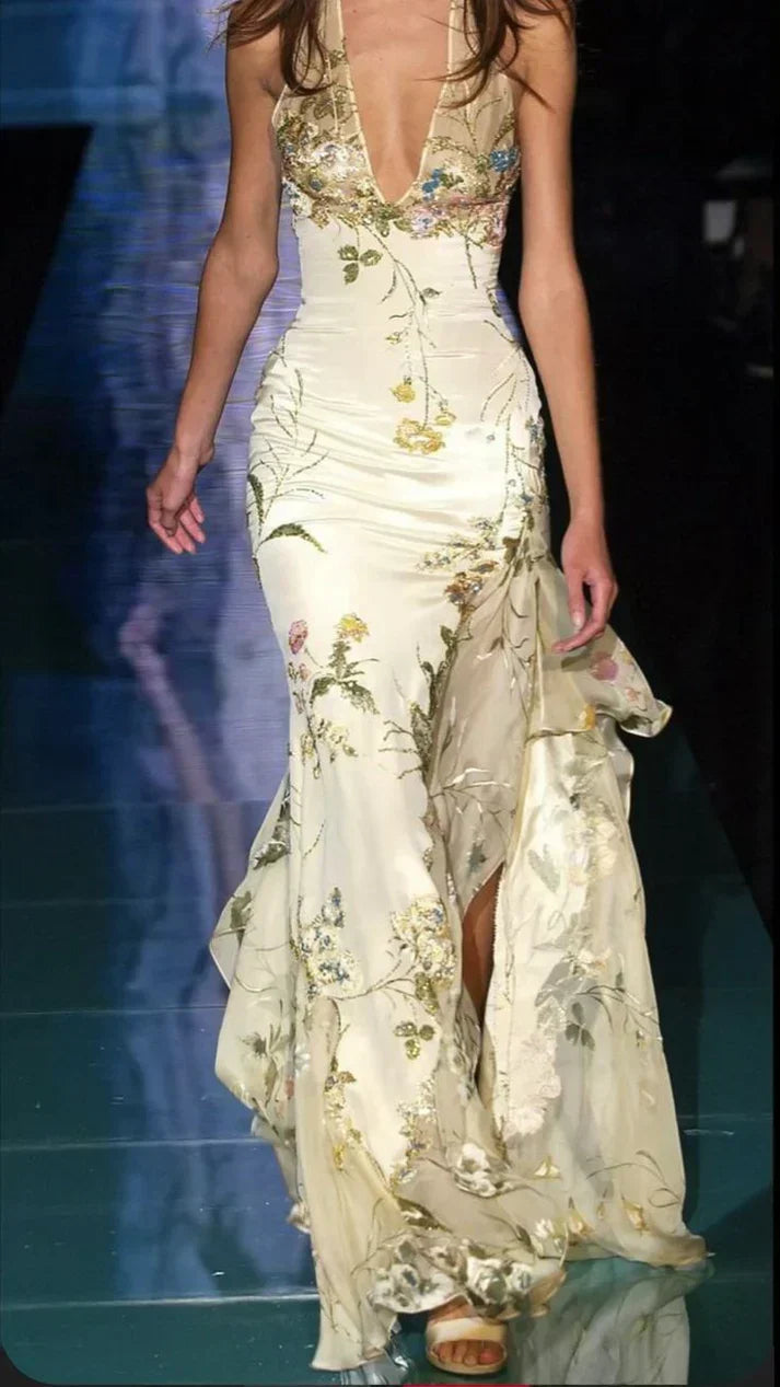 Vintage Floral Sheath Prom Dress Long Halter-neck Evening Dress Chiffon High Slit Formal Dress HZ1024
