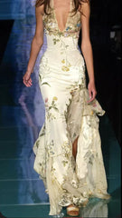 Vintage Floral Sheath Prom Dress Long Halter-neck Evening Dress Chiffon High Slit Formal Dress HZ1024