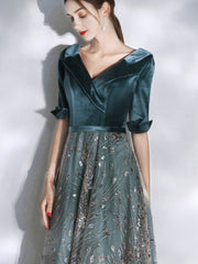 Green v neck tulle lace long prom dress, green evening dress