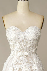 White A Line Strapless Train Dress Wedding Dress with Appliques