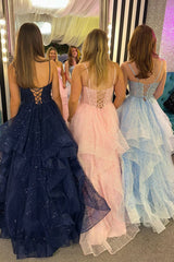 V Neck A Line Pink Ruffled Tulle Prom Dresses