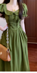 Vintage Olive Green Prom Dress A-Line Short-sleeve Evening Dress Long Formal Dress HZ1024