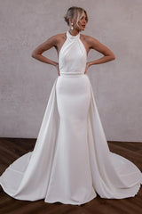 White Satin Halter Wedding Dresses with Detachable Train