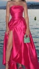 Pretty A line Strapless Hot Pink Slit Satin Prom Dresses Formal Evening Dress HZ1024