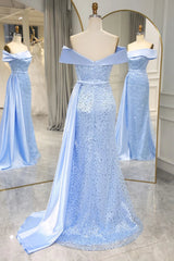 Mermaid Long Prom Dress with Split Off The Shoulder Sparkly