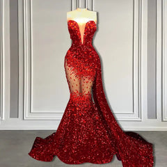 Red Mermaid Style Prom -jurk met sweetheart pailletten en ruches