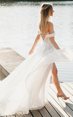 A-Line Lace White Lace-Up Off-the-Shoulder Wedding Dress with Slit