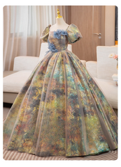 Vintage Court Retro Style Sweet 16 Quinceanera 3D Flowers Short-sleeved Evening Dress Long Ball Gown HZ1024