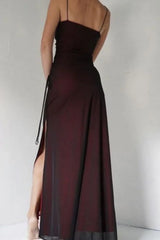 Sheath Spaghetti Straps Burgundy Floor-length Long Prom Dress with Silt