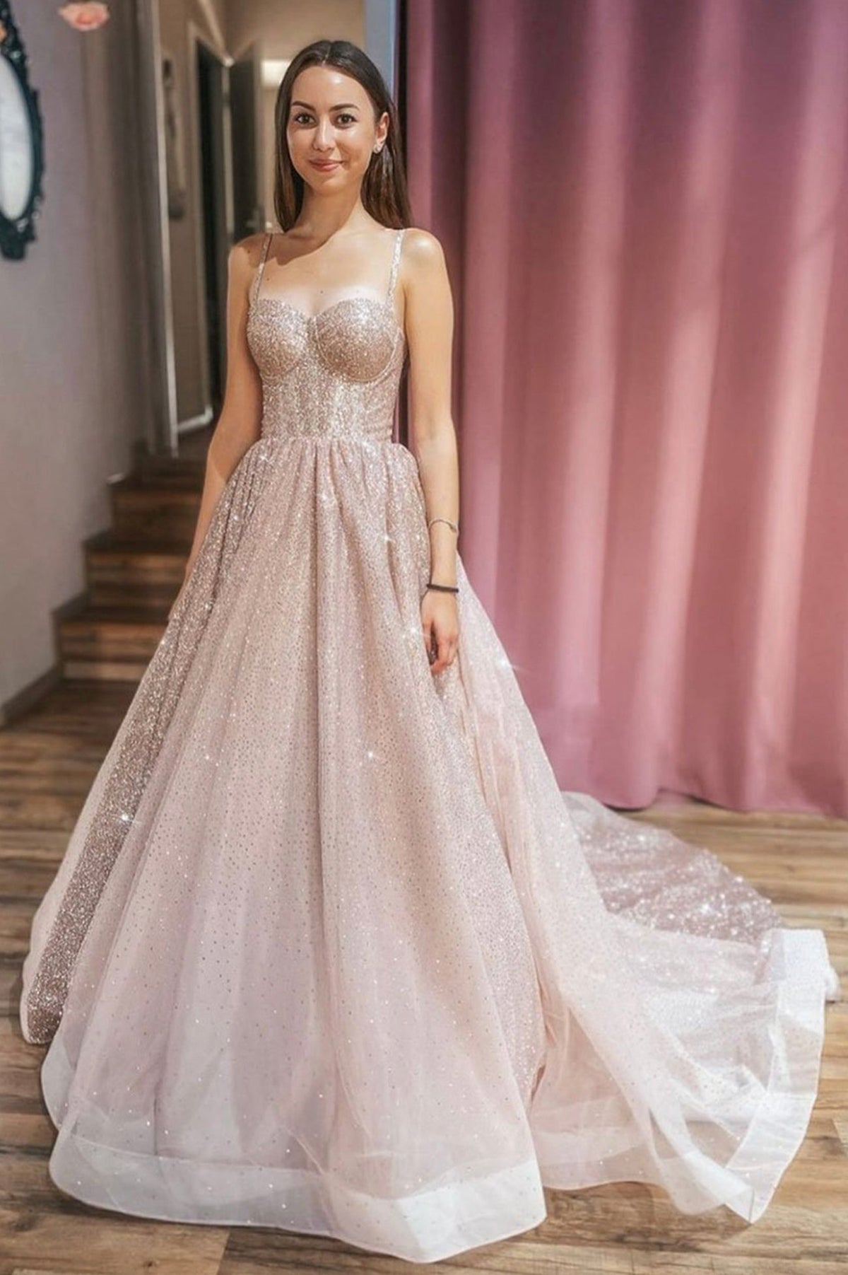 A-Line Tulle Sequins Long Prom Dresses, Spaghetti Strap Evening Dresses