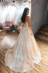 A-Line Tulle Sequins Long Prom Dresses, Spaghetti Strap Evening Dresses