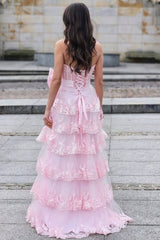 Strapless A-Line Sequins Appliques Tiered Long Prom Dress with Bow