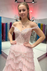 Stunning Off-Shoulder Sweetheart A-Line Layered Prom Dress with Slit
