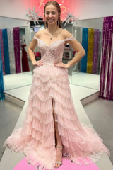 Stunning Off-Shoulder Sweetheart A-Line Layered Prom Dress with Slit