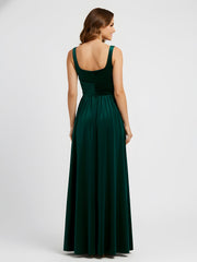 Wide Strap Velvet Pleated Waist Maxi Dress Dark Green