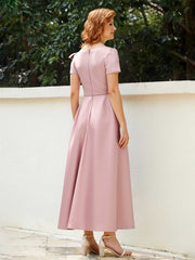 A-Line Short Sleeves Bowknot Beaded Dress With Pockets Dusty Rose