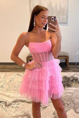 Pink Strapless A-Line Tulle Ruffle Homecoming Dress, AST1181