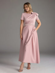 A-Line Short Sleeves Bowknot Beaded Dress With Pockets Dusty Rose