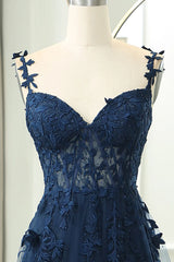 Wholesale Navy A-Line Spaghetti Straps Zipper Back Long Prom Dress With Appliques prom dresses with long sleeves