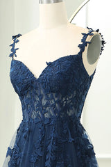 Wholesale Navy A-Line Spaghetti Straps Zipper Back Long Prom Dress With Appliques prom dresses with long sleeves