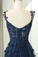 Wholesale Navy A-Line Spaghetti Straps Zipper Back Long Prom Dress With Appliques prom dresses with long sleeves