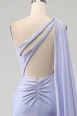 Wholesale Glitter Lilac Mermaid One Shoulder Long Beaded Prom Dress with Shawl prom dresses shops