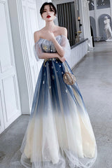 Blue Tulle Sequins Long Prom Dresses, A-Line Off the Shoulder Party Dresses