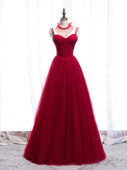 Red Spaghetti Strap Tulle Party Dress, Red Floor Length Prom Dress