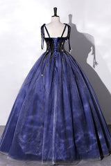 Blue Spaghetti Strap Tulle Long Prom Dress with Star, Blue Evening Party Dress