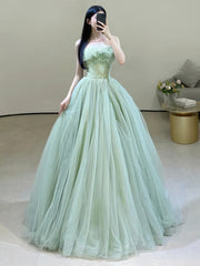 Green Strapless Tulle Floor Length Prom Dress, Beautiful Green Evening Dress
