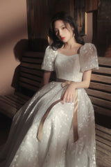 Cute Tulle Long A-Line Prom Dress, White Short Sleeve Evening Party Dress