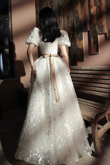 Cute Tulle Long A-Line Prom Dress, White Short Sleeve Evening Party Dress
