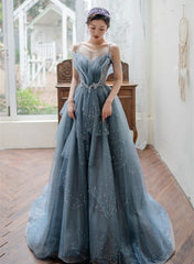 Blue Tulle Beaded Long Unique Straps Prom Dress, Blue Floor Length Party Dress