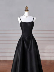 Black Spaghetti Strap Satin Long Prom Dress, Black A-Line Evening Dress