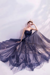 Blue Strapless Tulle Long Prom Dresses, A-Line Evening Dresses