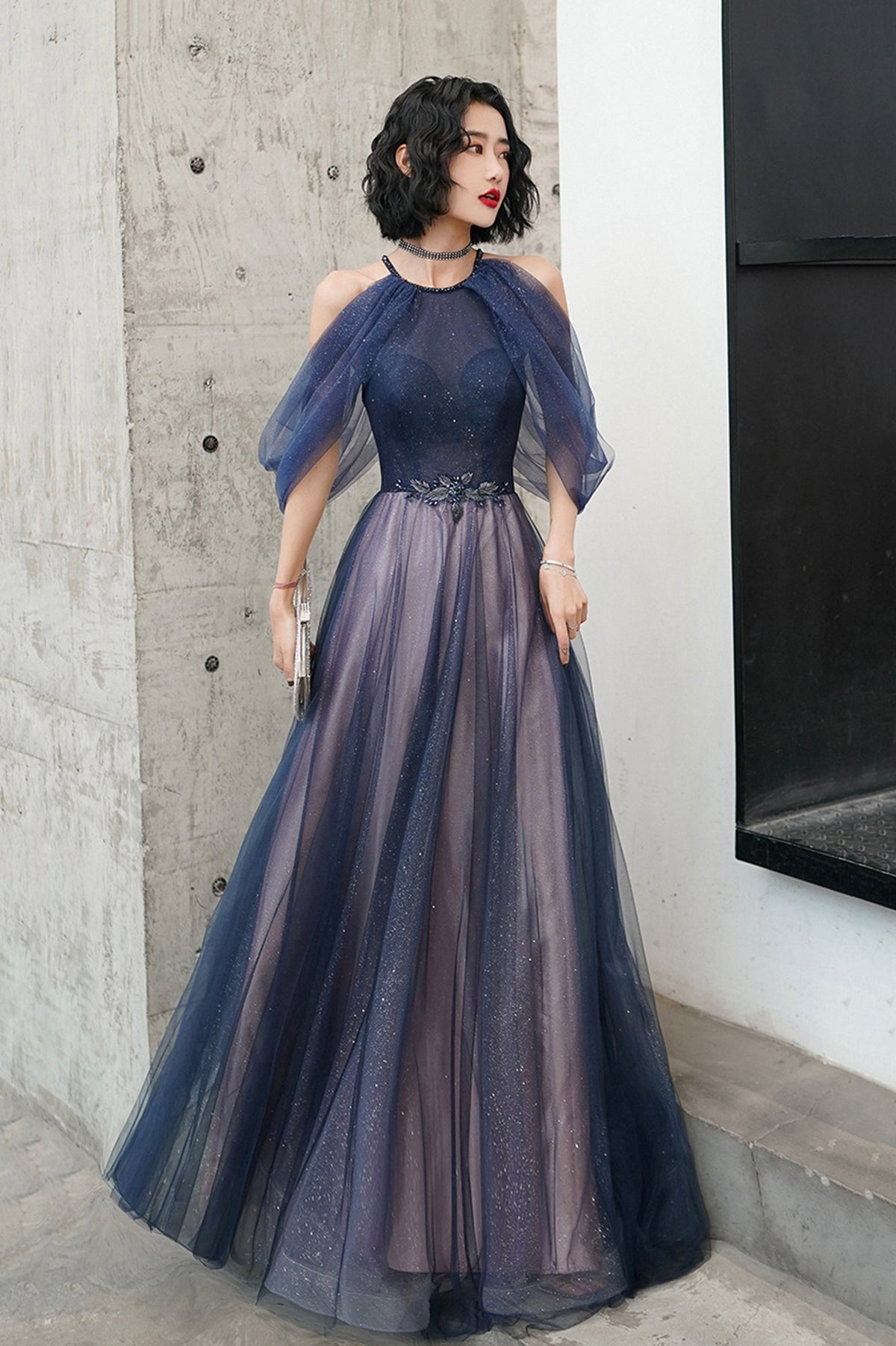 Blue Tulle Long A-Line Prom Dress, Off the Shoulder Evening Graduation Dress