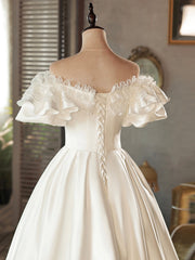 White Satin Lace Short Prom Dress, White Evening Dress, Wedding Dress