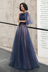 Blue Tulle Long A-Line Prom Dress, Off the Shoulder Evening Graduation Dress