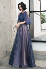 Blue Tulle Long A-Line Prom Dress, Off the Shoulder Evening Graduation Dress
