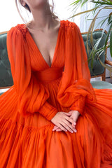 A-Line Chiffon Long Sleeve Prom Dress, Orange V-Neck Evening Dress