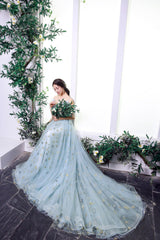 Blue Spaghetti Strap Tulle Long Prom Dress, A-Line Blue Evening Dress