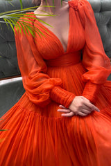 A-Line Chiffon Long Sleeve Prom Dress, Orange V-Neck Evening Dress