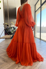 A-Line Chiffon Long Sleeve Prom Dress, Orange V-Neck Evening Dress