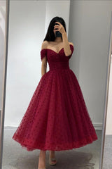 Burgundy Off the Shoulder Tea Length Prom Dress, Cute A-Line Party Dress