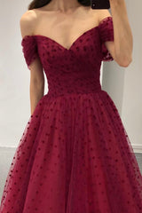 Burgundy Off the Shoulder Tea Length Prom Dress, Cute A-Line Party Dress
