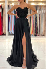 Black Chiffon Lace Long Prom Dresses, A-Line Strapless Evening Dresses