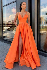 Simple Satin Long A-Line Prom Dress, V-Neck Evening Dress with Slit