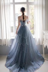 Blue Tulle Beaded Long Unique Straps Prom Dress, Blue Floor Length Party Dress