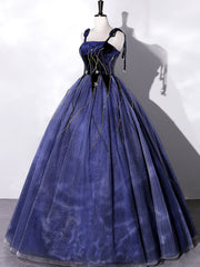 Blue Velvet Tulle Long Prom Dress, A-Line Evening Party Dress